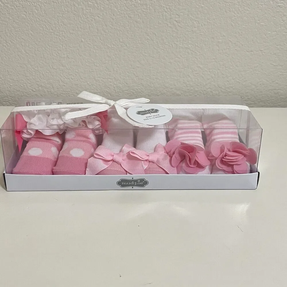 Mud Pie Pink Baby Girl 3-Pack Socks Set Ruffles Bow Floral Rosette 0-12 Mos NEW